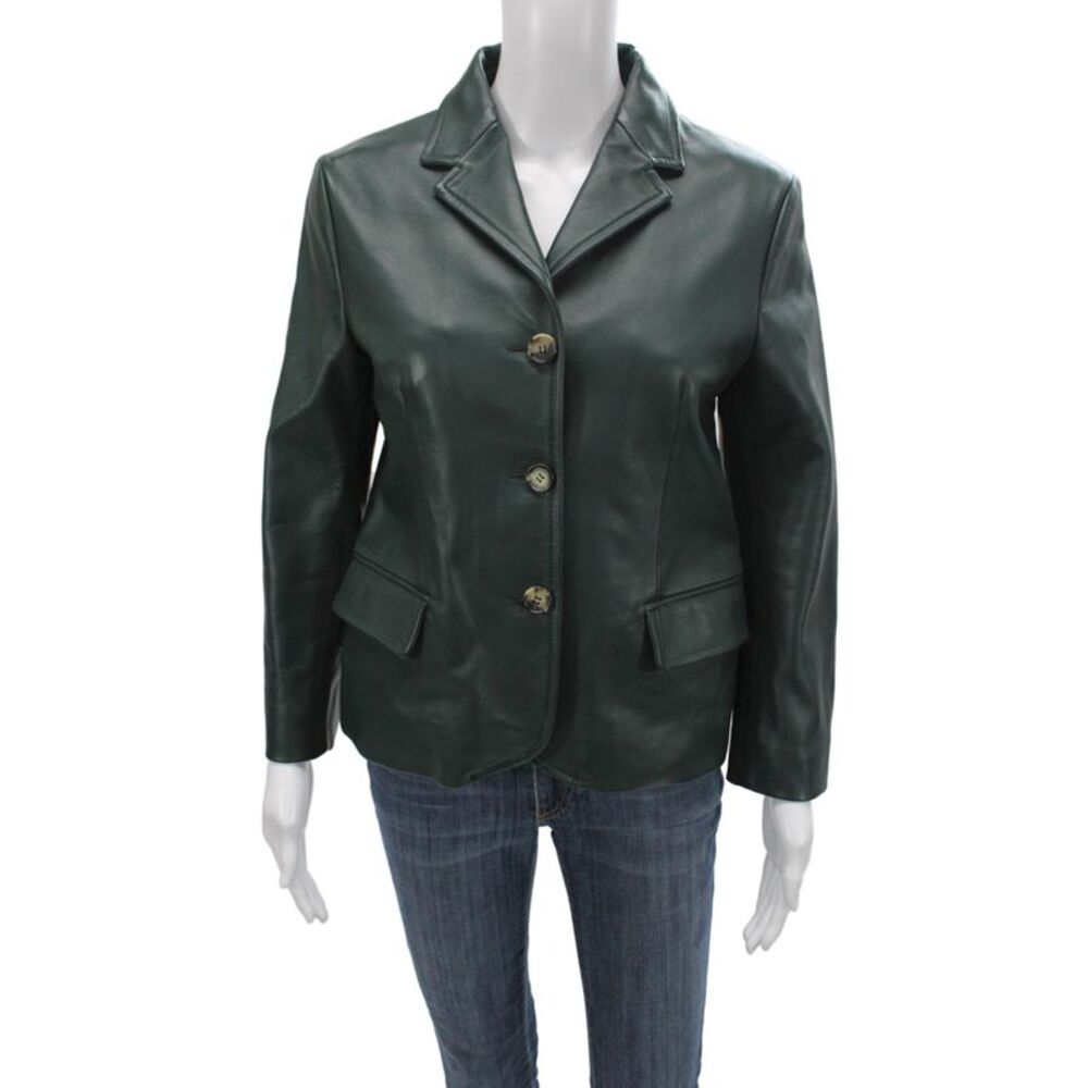 Marni Womens Leather Jacket Green Collared Button Long Sleeve Designer Size 40
